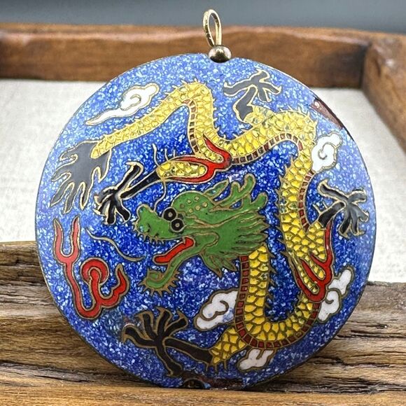 Vintage Round Puffy Double Sided Chinese Dragon Cloisonne Pendant 1.75" Blue - Picture 1 of 13